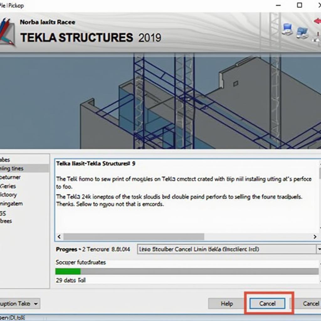 Man hinh hien thi tien trinh cai dat Tekla Structures 2019 dang dien ra