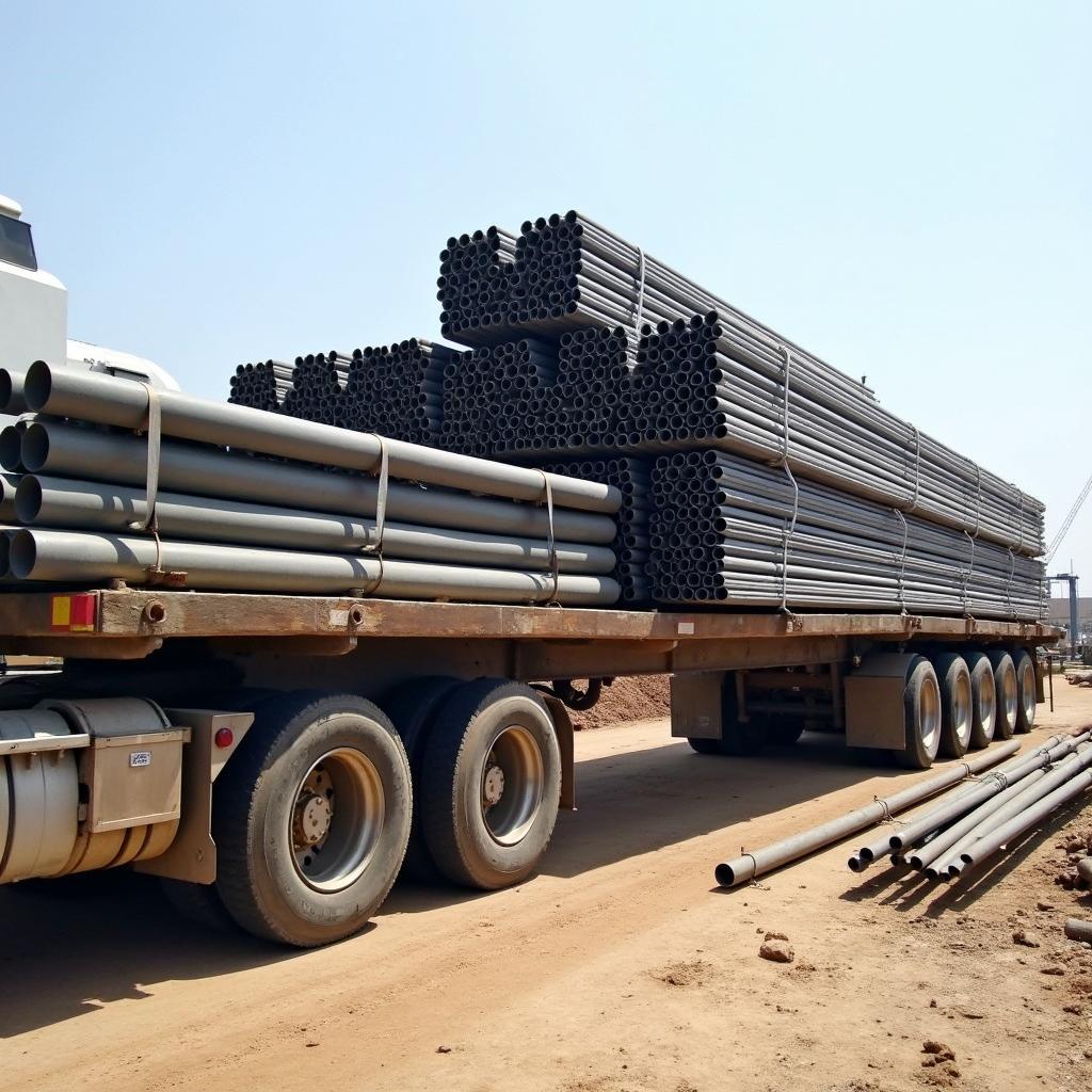 Xe tải chở sắt thép đến công trình xây dựng